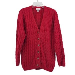 Lands End Womens Red Cable Knit Cardigan Sweater Medium Nautical Coastal Grandma